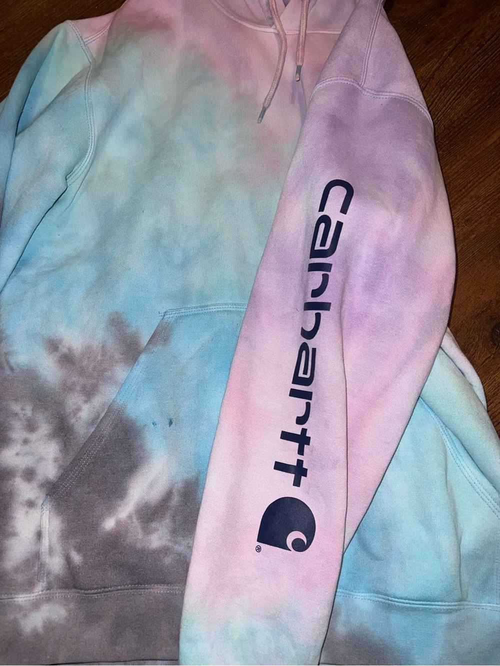 Carhartt Loose Fit Pastel Multicolor Tie-Dye Retro Logo Hoodie Size L - Picture 3 of 7